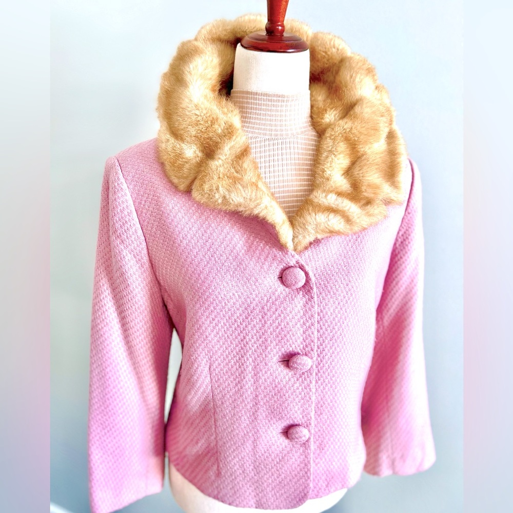 Vintage Pink Cropped Jacket With Faux Fur Collar